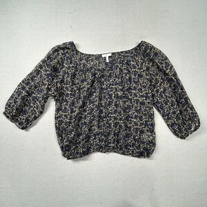 Joie Silk Top Womens S Blouse Floral Bubble Sheer Boat Neck Crop Navy